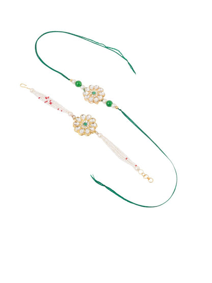Dhiyona Set Of 2 Kundan Floral Design Gold Toned Bhaiya Bhabhi Rakhi Set With Roli Chawal