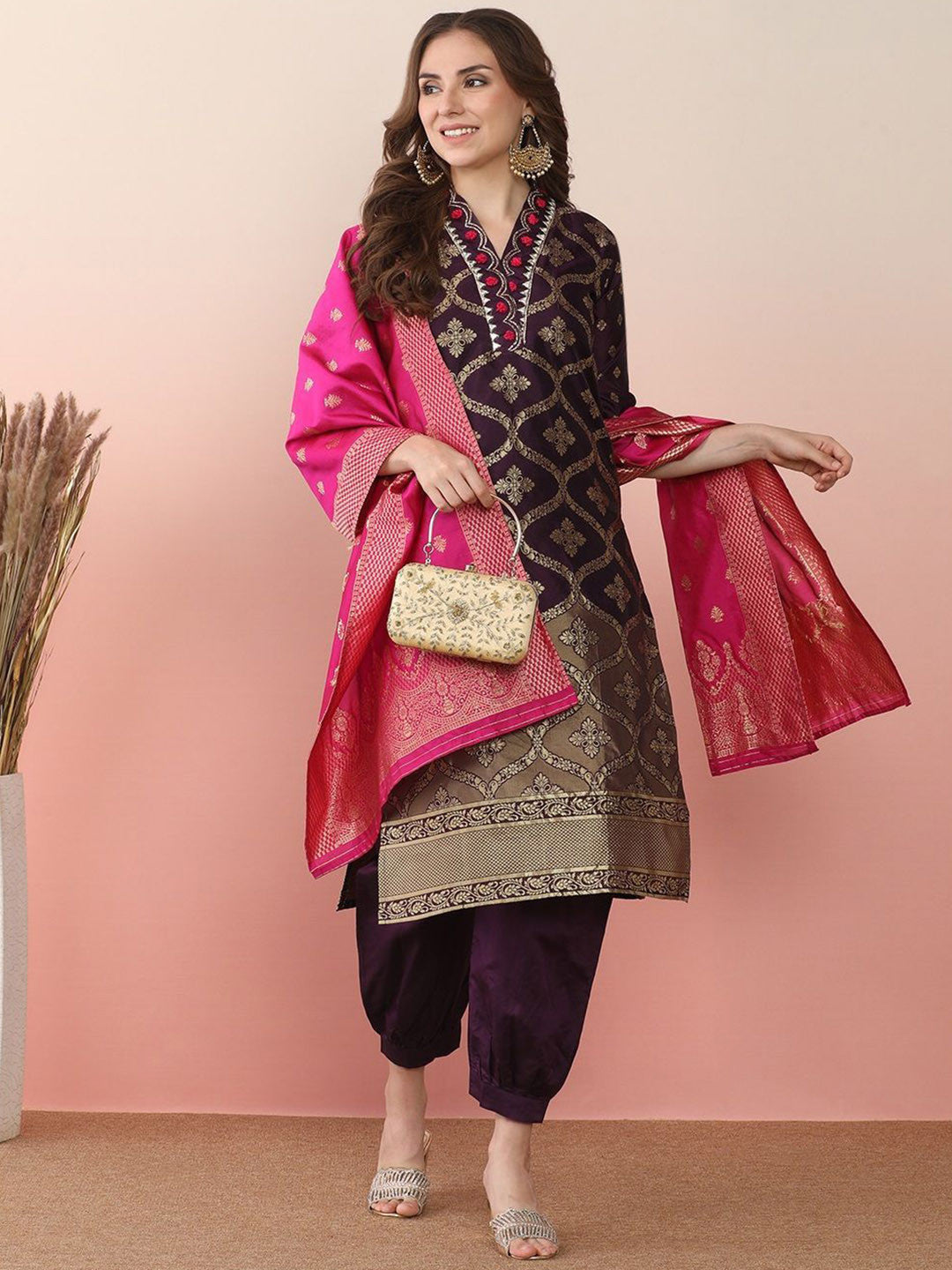 Woven Design Embroidered Banarasi Straight Kurta With Salwar & Dupatta