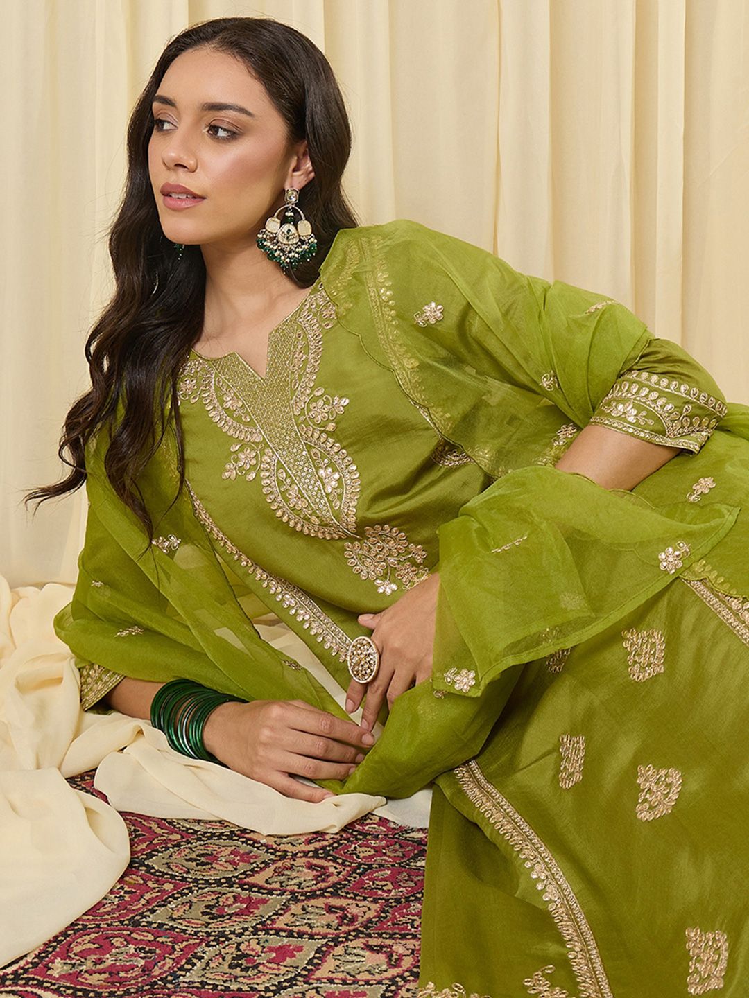 Dhiyona IE Women Ethnic Motifs Embroidered Regular Kurta with Trousers & With Dupatta