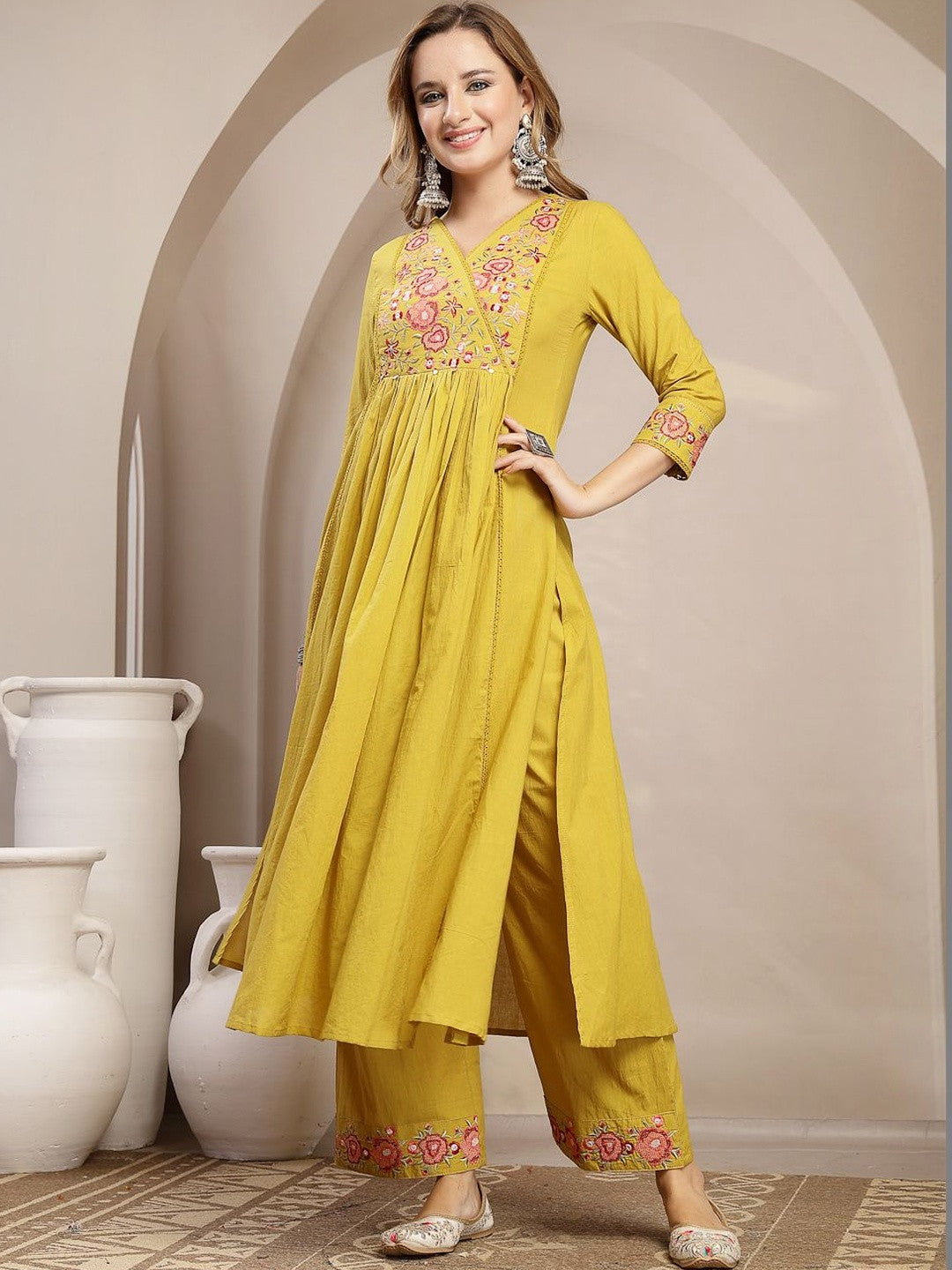Women Floral Embroidered Angrakha Thread Work Pure Cotton Kurta with Palazzos & With Dupatta