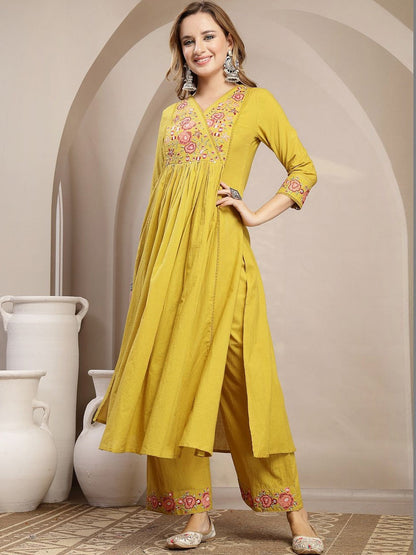 Women Floral Embroidered Angrakha Thread Work Pure Cotton Kurta with Palazzos & With Dupatta