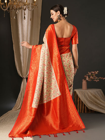 Women's Silk Blend Red Woven Design Designer Saree With Blouse Piece
