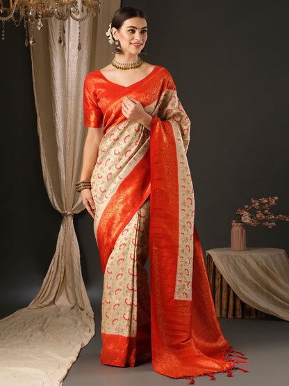 Women's Silk Blend Red Woven Design Designer Saree With Blouse Piece