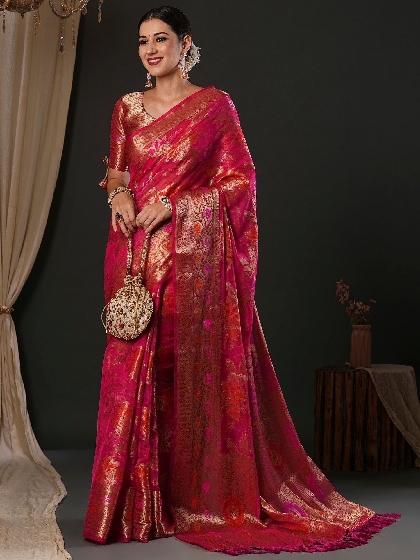 Women's Organza Pink Woven Design Designer Saree With Blouse Piece