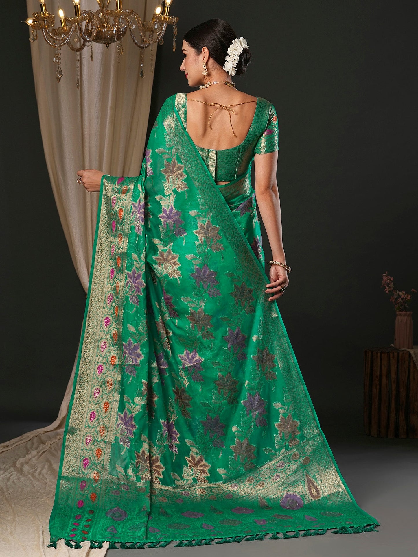 Women's Organza Sea Green Woven Design Designer Saree With Blouse Piece