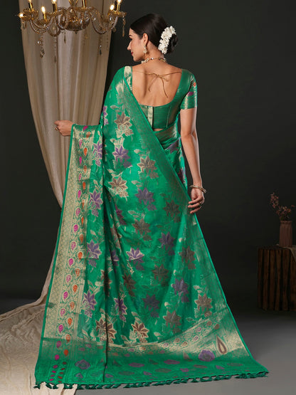 Women's Organza Sea Green Woven Design Designer Saree With Blouse Piece