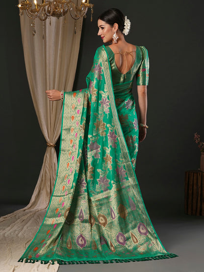 Women's Organza Turquoise Woven Design Designer Saree With Blouse Piece