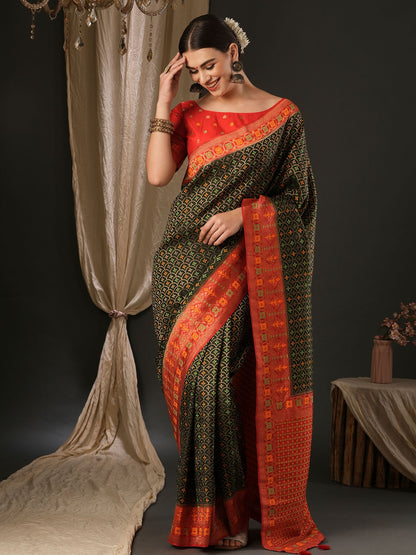 Women's Silk Blend Red Woven Design Designer Saree With Blouse Piece