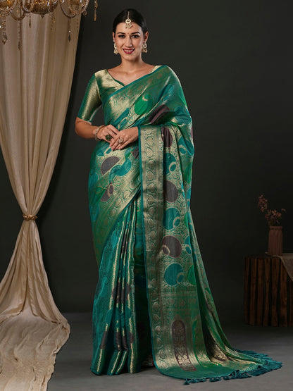 Women's Georgette Light Blue Woven Design Designer Saree With Blouse Piece