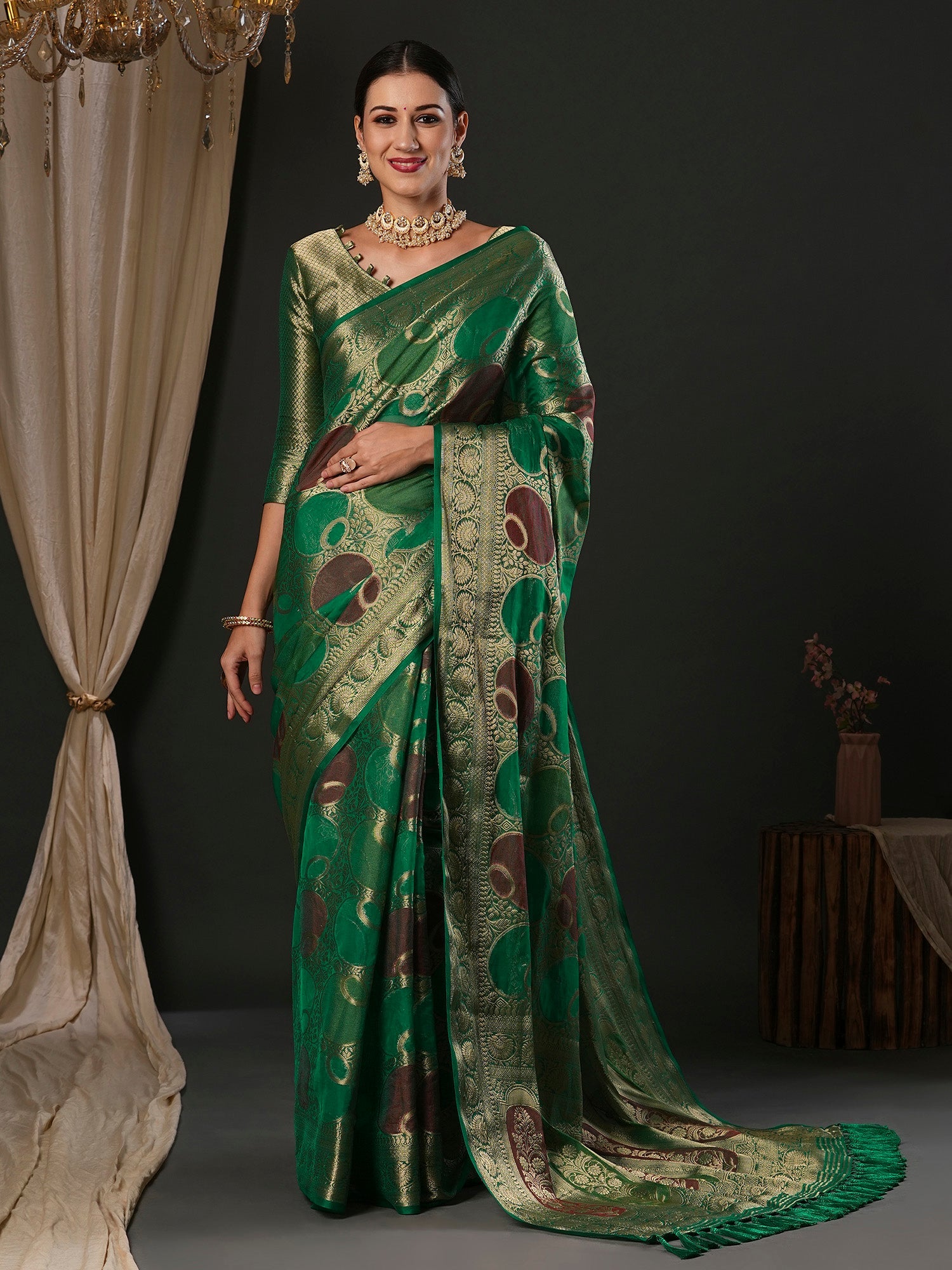 Women's Georgette Teal green Woven Design Designer Saree With Blouse Piece