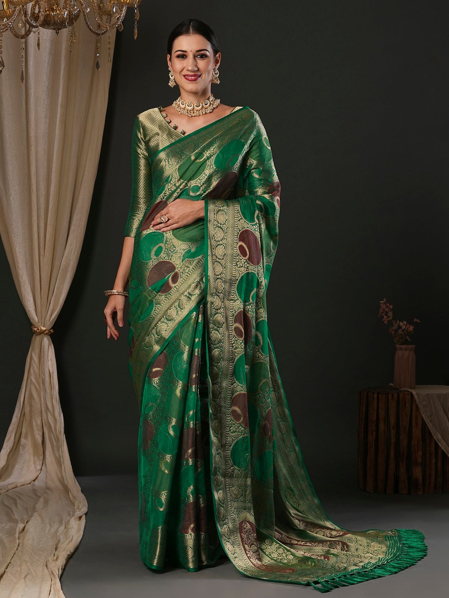 Women's Georgette Teal green Woven Design Designer Saree With Blouse Piece