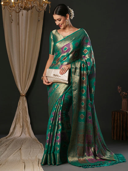 Women's Organza Light Blue Woven Design Designer Saree With Blouse Piece