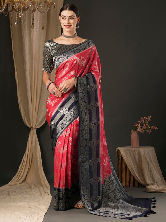 Women's Georgette Navy Blue Woven Design Designer Saree With Blouse Piece