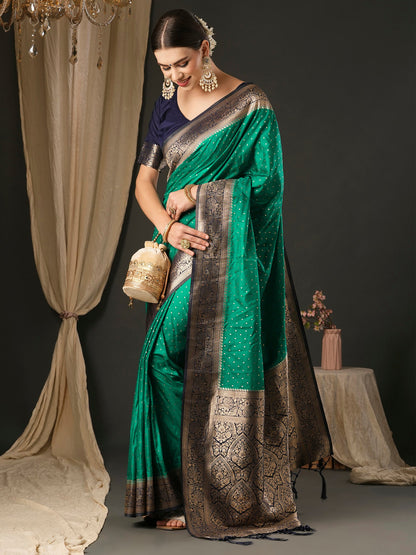 Women's Silk Blend Navy Blue Woven Design Designer Saree With Blouse Piece