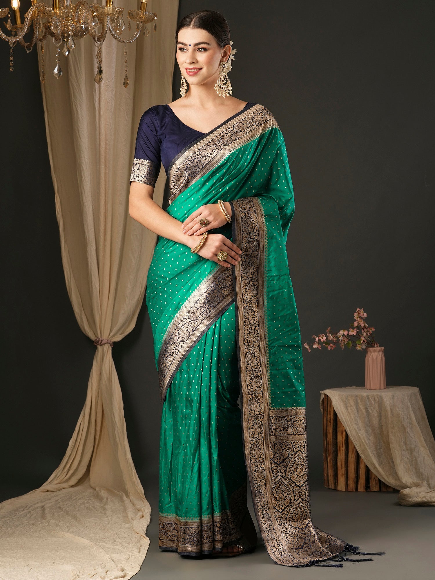 Women's Silk Blend Navy Blue Woven Design Designer Saree With Blouse Piece