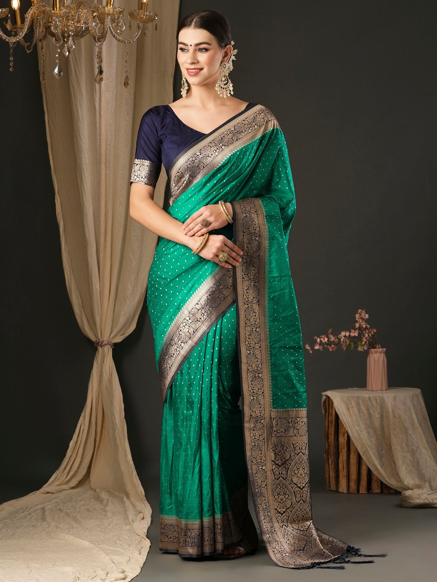 Women's Silk Blend Navy Blue Woven Design Designer Saree With Blouse Piece