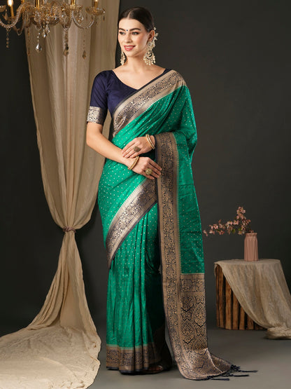 Women's Silk Blend Navy Blue Woven Design Designer Saree With Blouse Piece
