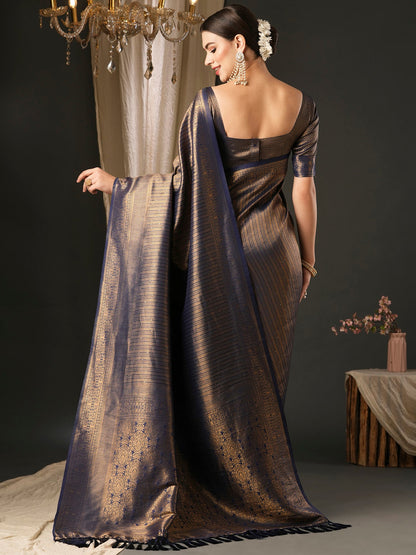 Women's Silk Blend Navy Blue Embellished Designer Saree With Blouse Piece