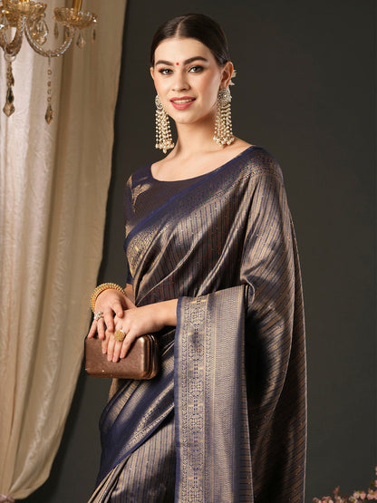 Women's Silk Blend Navy Blue Embellished Designer Saree With Blouse Piece