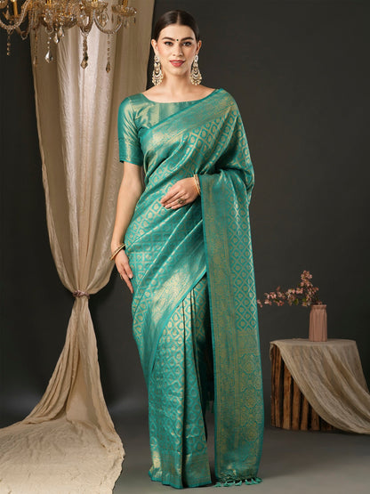 Women's Silk Blend Blue Woven Design Designer Saree With Blouse Piece
