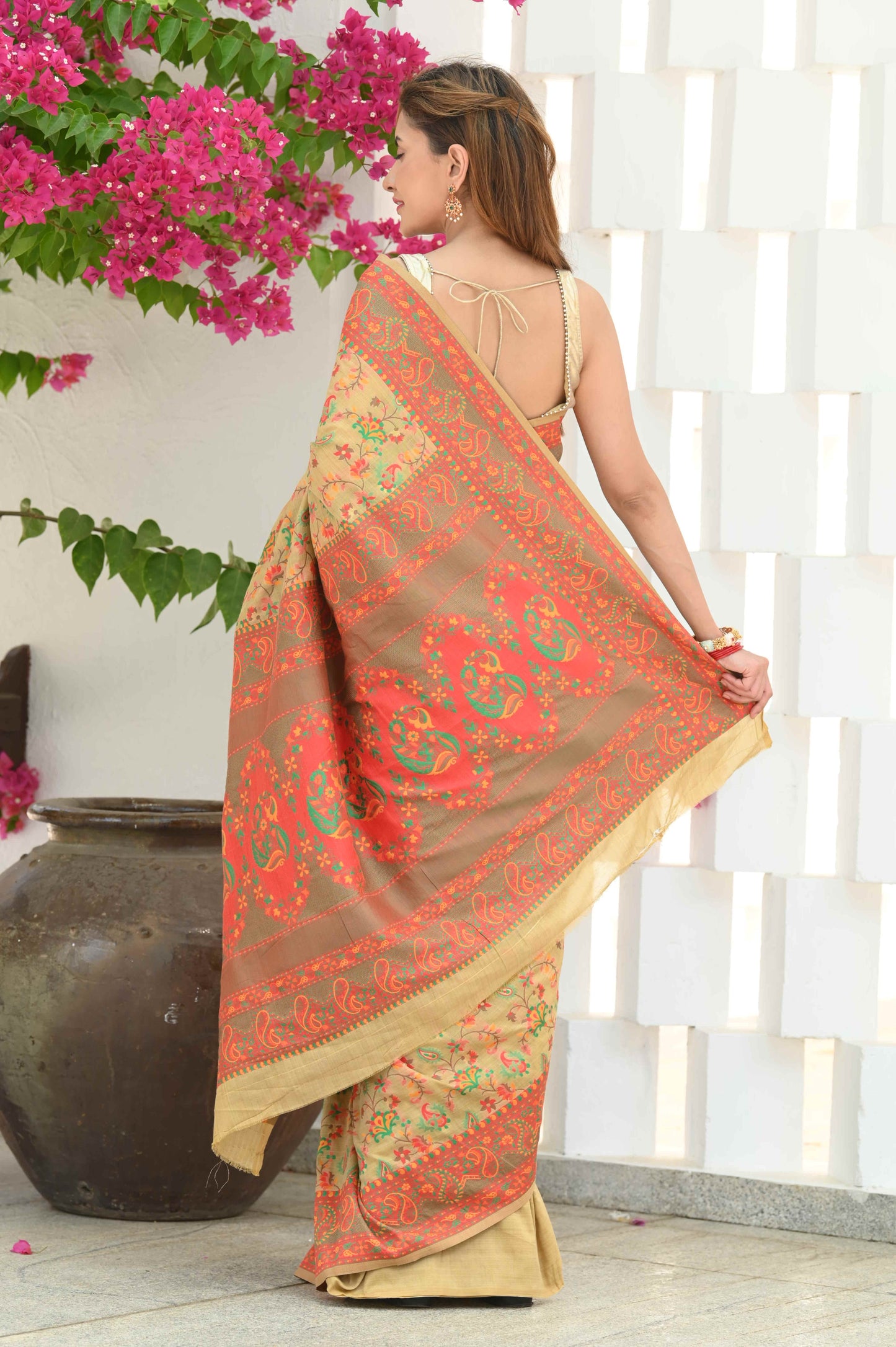 Dhiyona GR Women's Yashodha Hazelnut Beige Jamewar Kashmiri Soft Modal Silk Saree