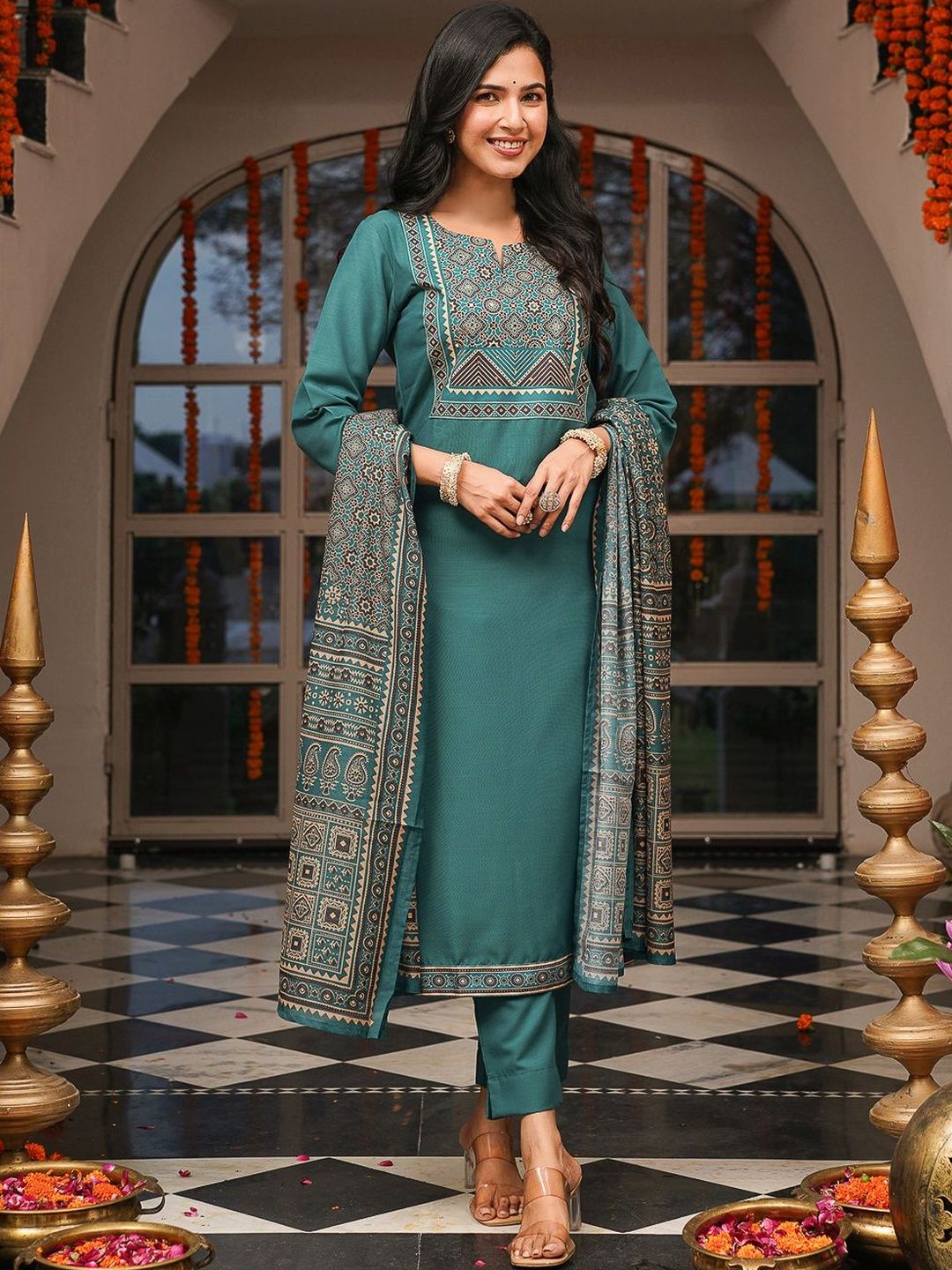 Dhiyona KL Ethnic Motifs Printed Notch Neck Straight Kurta With Trousers & Dupatta