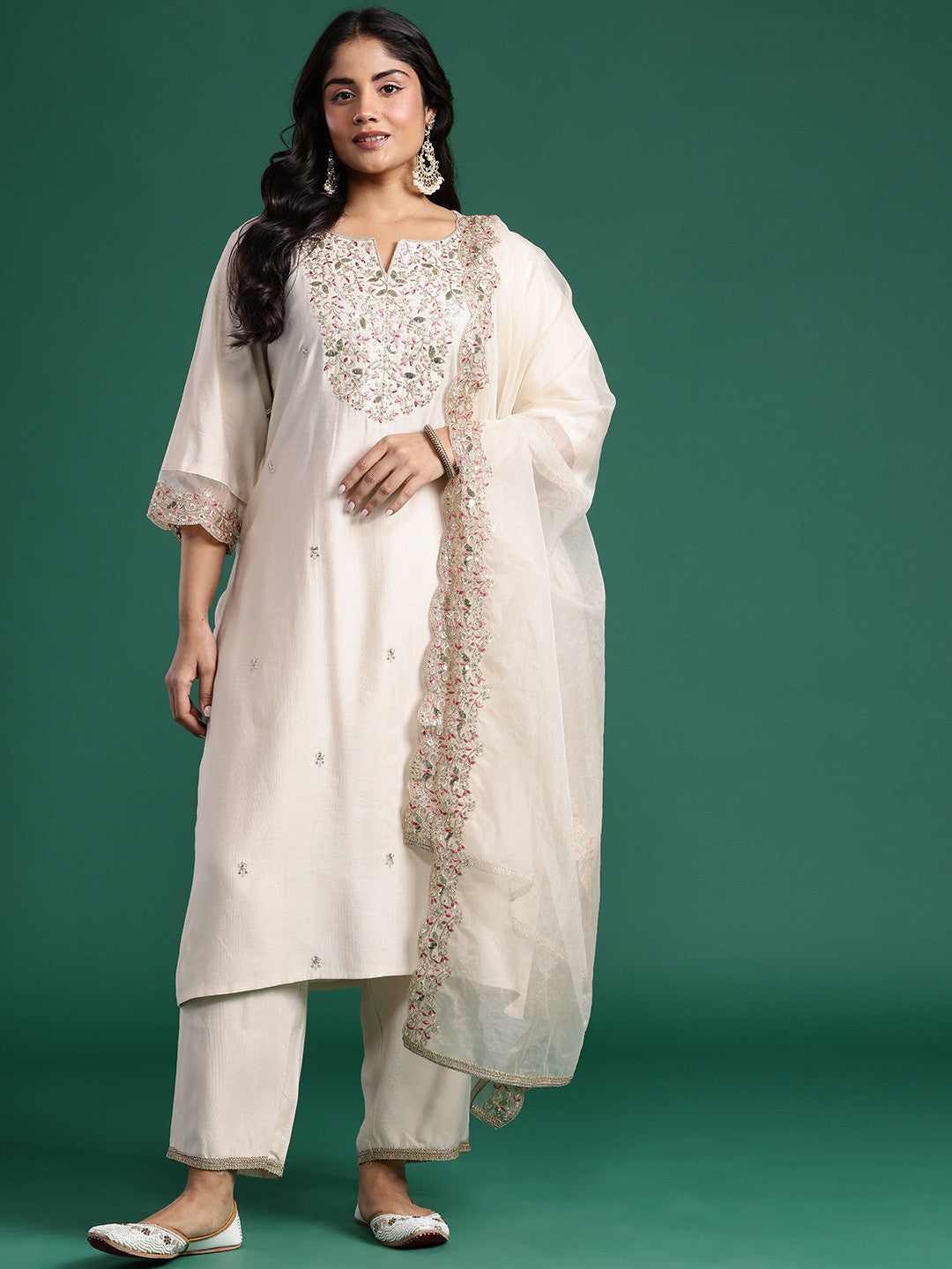 Plus Size Embroidered Kurta with Trousers & Dupatta