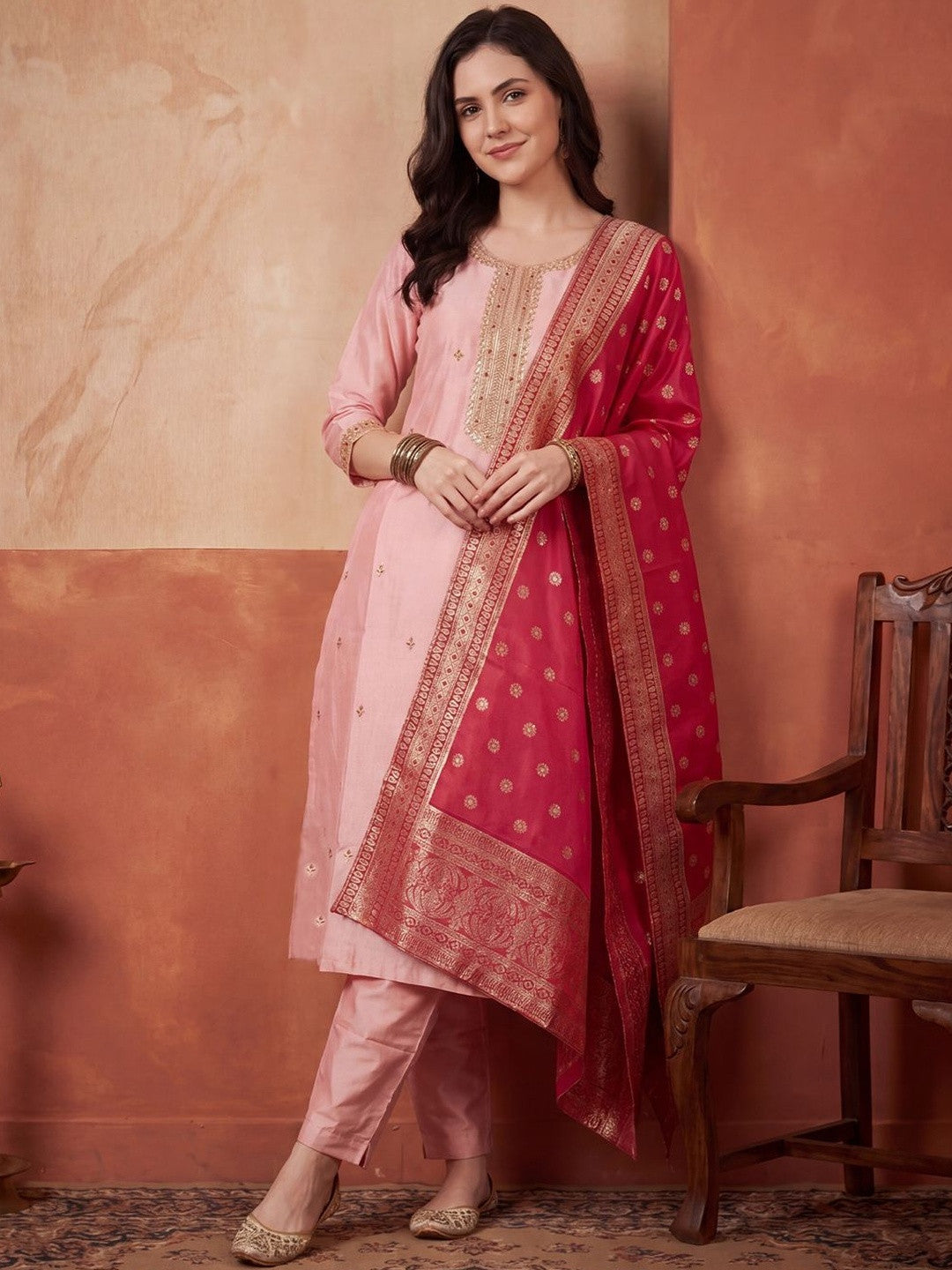 Women Ethnic Motifs Embroidered Regular Sequinned Kurta with Trousers & With Dupatta