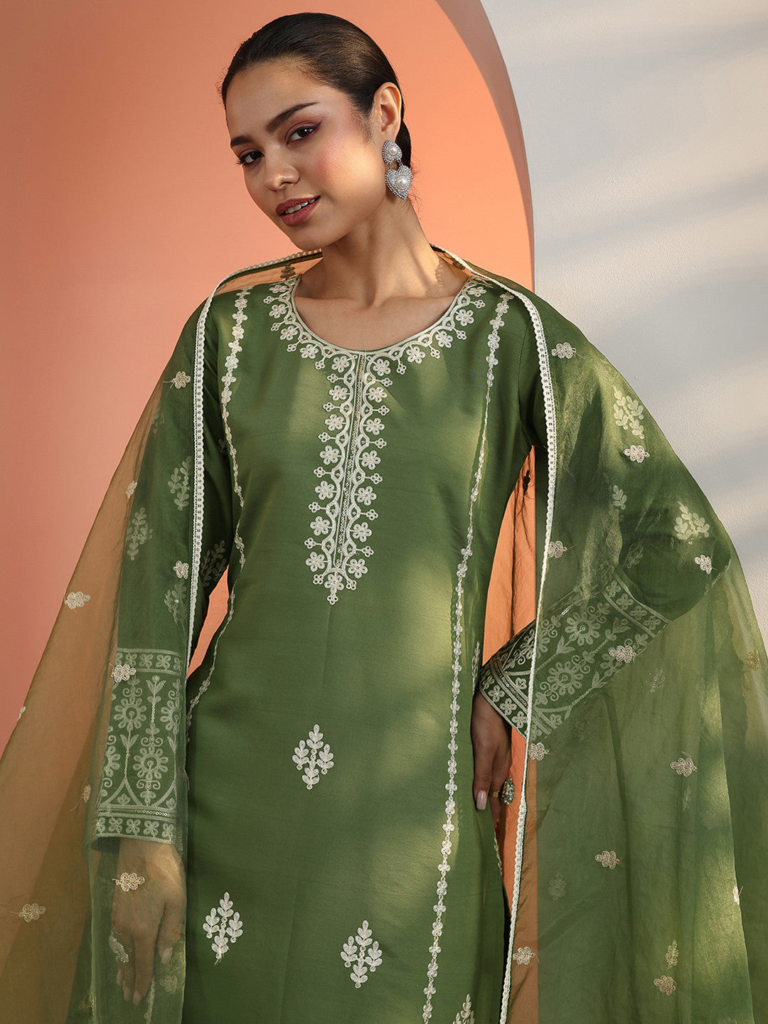 Floral Embroidered Straight Kurta With Trousers & Dupatta