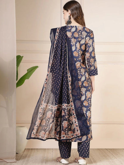Women Floral Printed Regular Pure Cotton Kurta with Trousers & With Dupatta