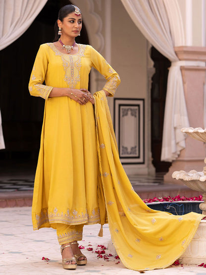 Dhiyona CH Women Ethnic Motifs Embroidered Anarkali Kurta with Trousers & Dupatta