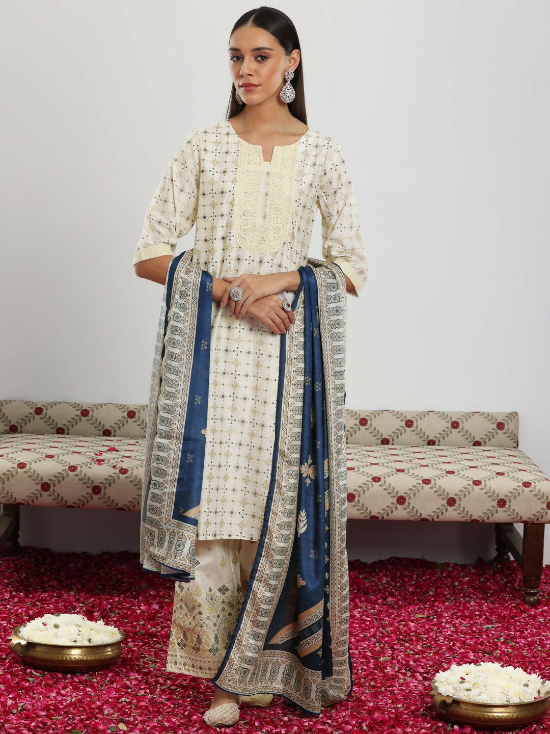 Women's LB Off White Printed Silk Blend Straight Suit With Dupatta