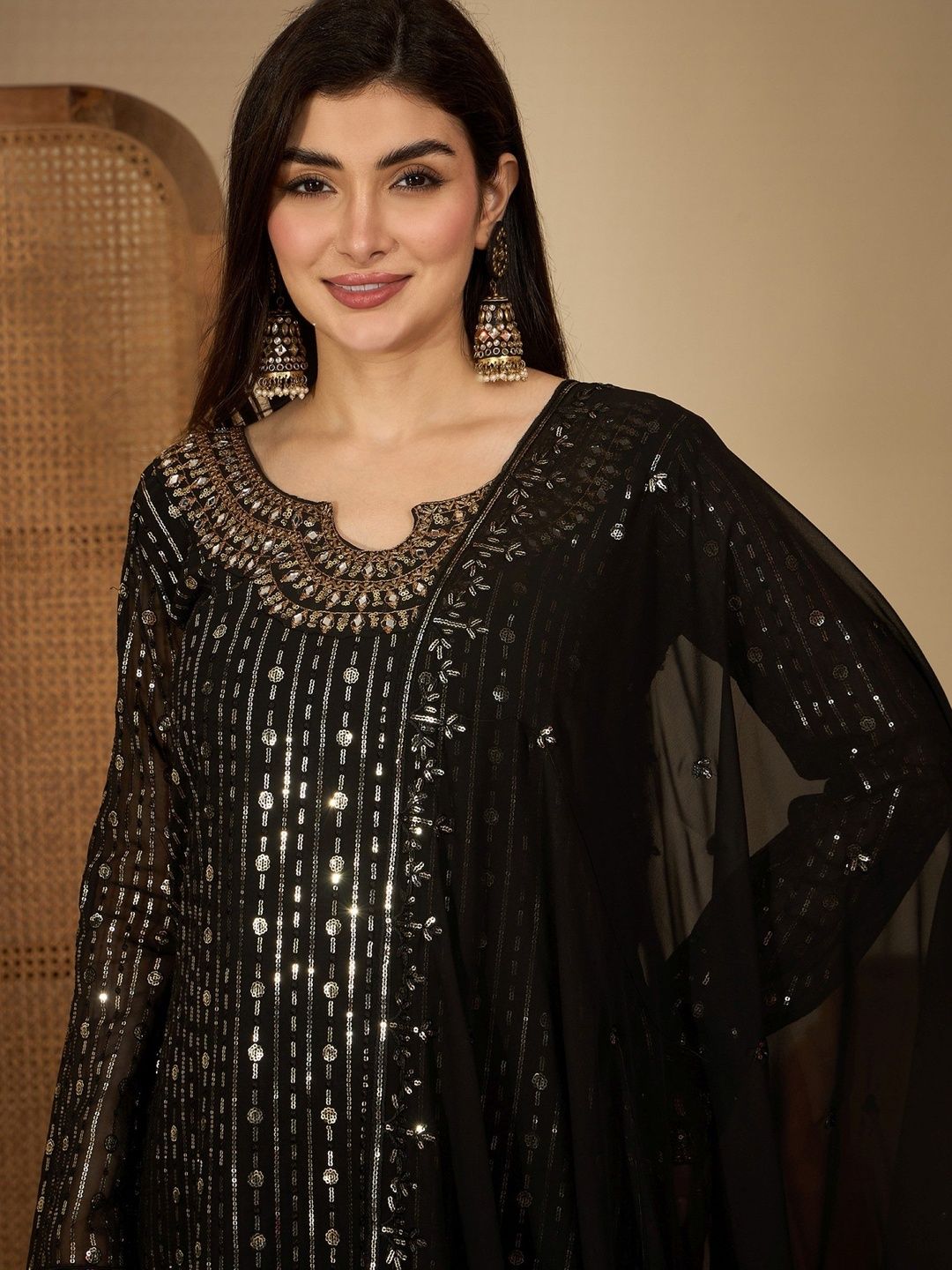 Dhiyona SN Geometric Embroidered Sequinned Straight Kurta With Palazzos & Dupatta