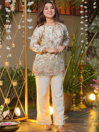 Women Ethnic Motifs Embroidered Regular Thread Work Kurti with Palazzos