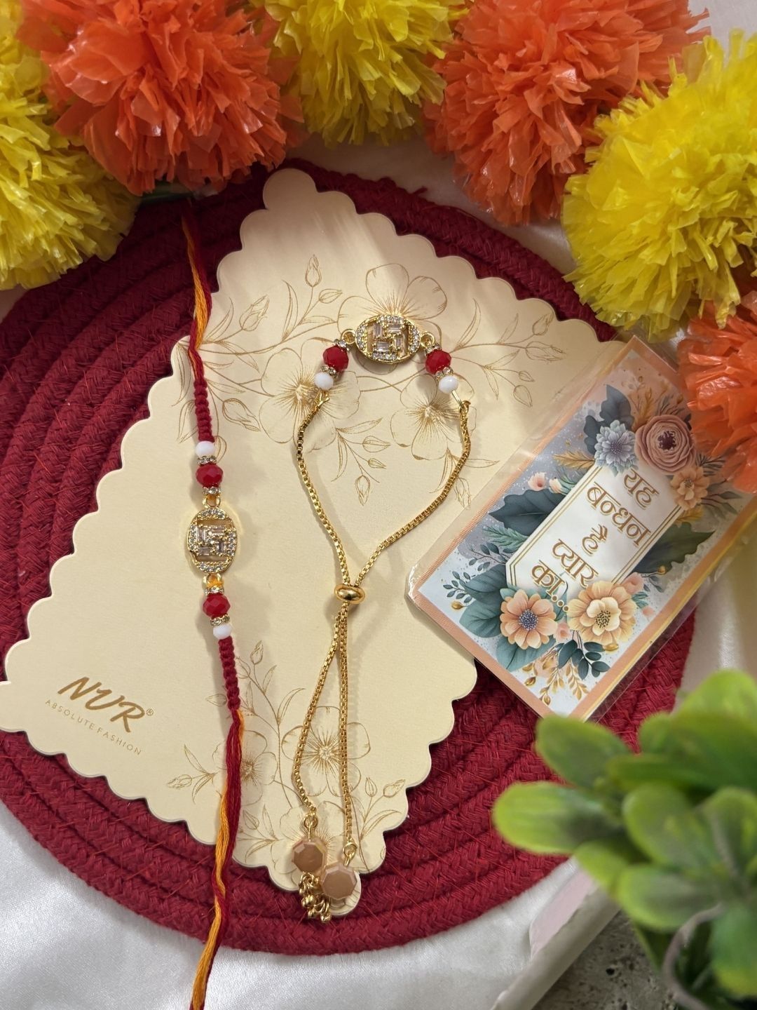 Dhiyona Set Of 2 Artificial Stones & Beads Swastik Bhaiya Bhabhi Rakhi With Roli Chawal