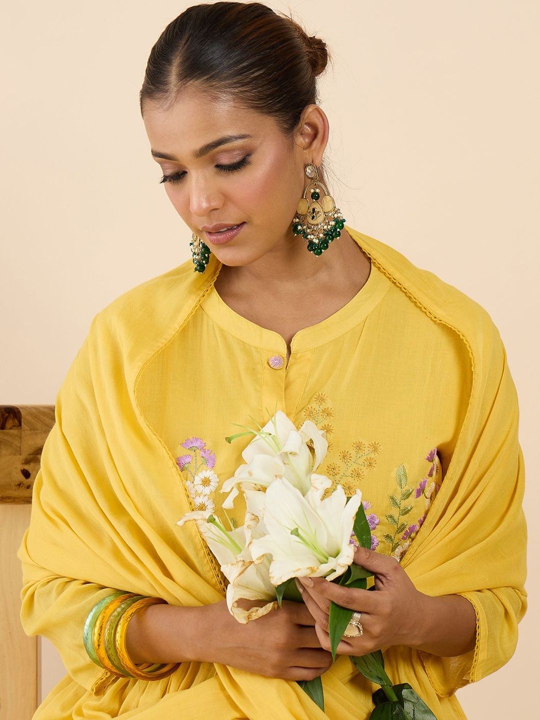 Dhiyona IE Floral Embroidered Pleated Pure Cotton Straight Kurta With Trousers & Dupatta