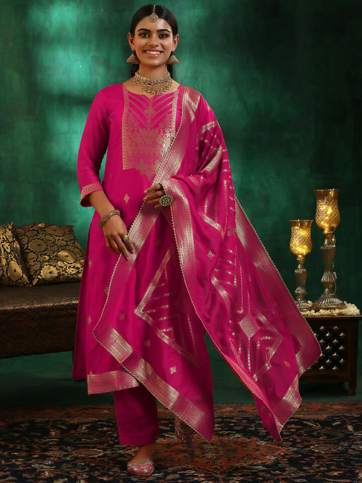 Women's LB Pink Woven Design Silk Blend Straight Suit With Dupatta