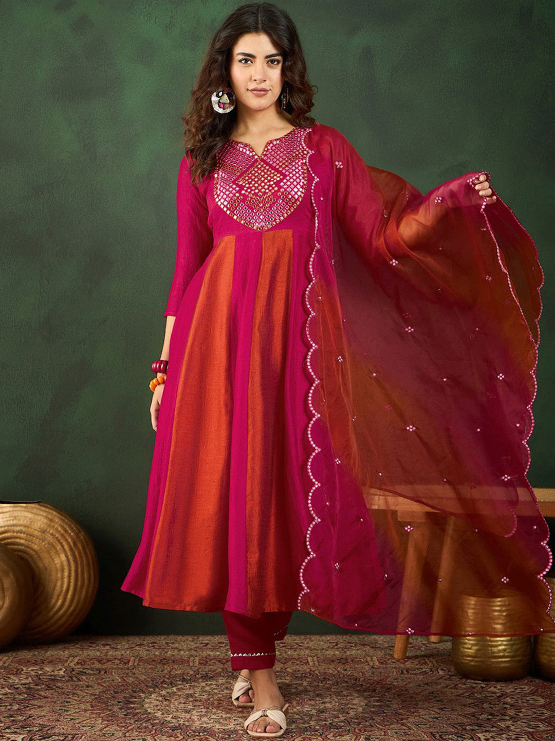 Pink Embroidered Yoke Design Mirror Work A-Line Kurta With Trousers & Dupatta