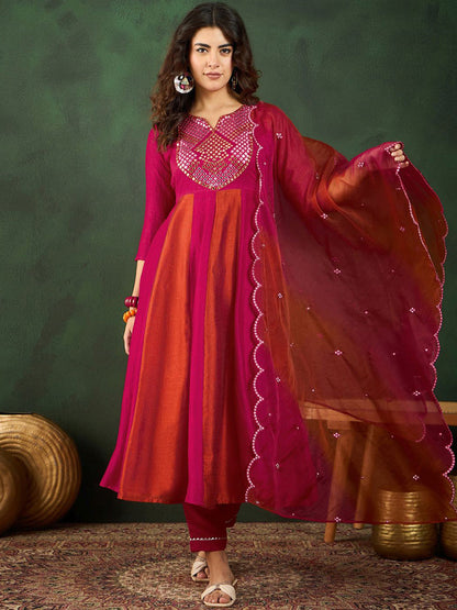 Pink Embroidered Yoke Design Mirror Work A-Line Kurta With Trousers & Dupatta