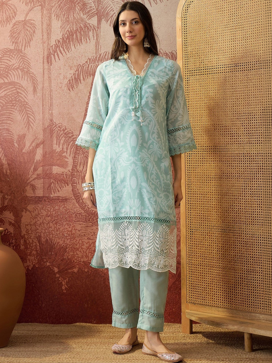Printed V-Neck Kurta & Trousers Kurta Set