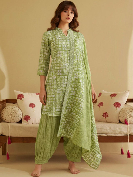 Dhiyona CH Women Printed Regular Pure Cotton Kurta with Patiala & With Dupatta