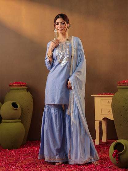 Dhiyona SC Floral Yoke Design Gotta Patti Chanderi Silk Straight Kurta With Sharara & Dupatta
