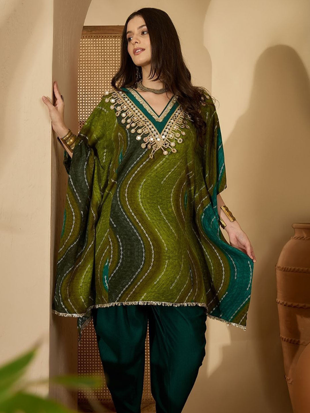 Leheriya Printed with Embellished Kaftan Kurta with Dhoti Pant Set