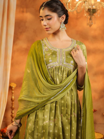 Dhiyona RR Women's Bandhani Printed Pure Cotton Anarkali Kurta with Trousers & Dupatta