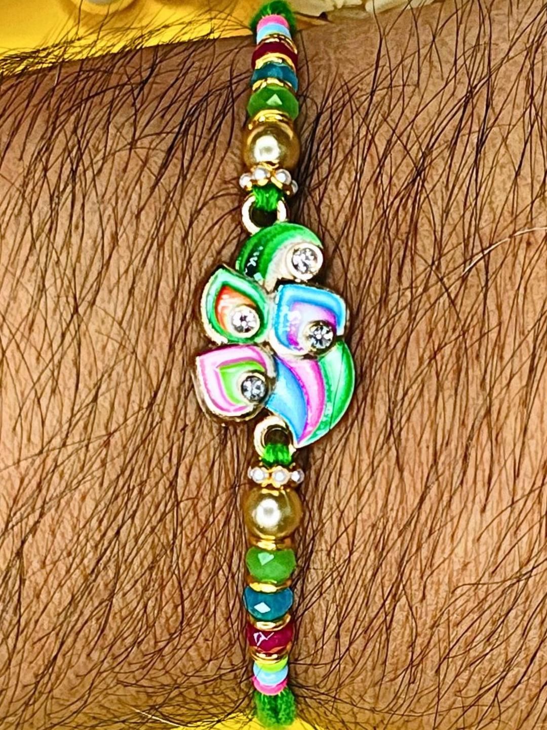 Dhiyona Set Of 3 Beaded Cotton Thread with AD Stones & Meenakari Designer Rakhi for Brother