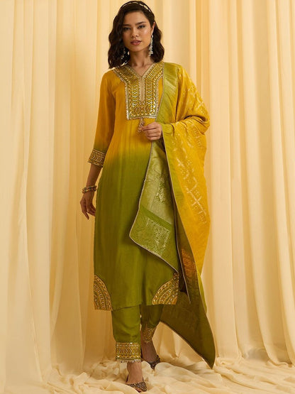 Dhiyona CH Floral Embroidered V-Neck Straight Sequinned Kurta With Trousers & Dupatta