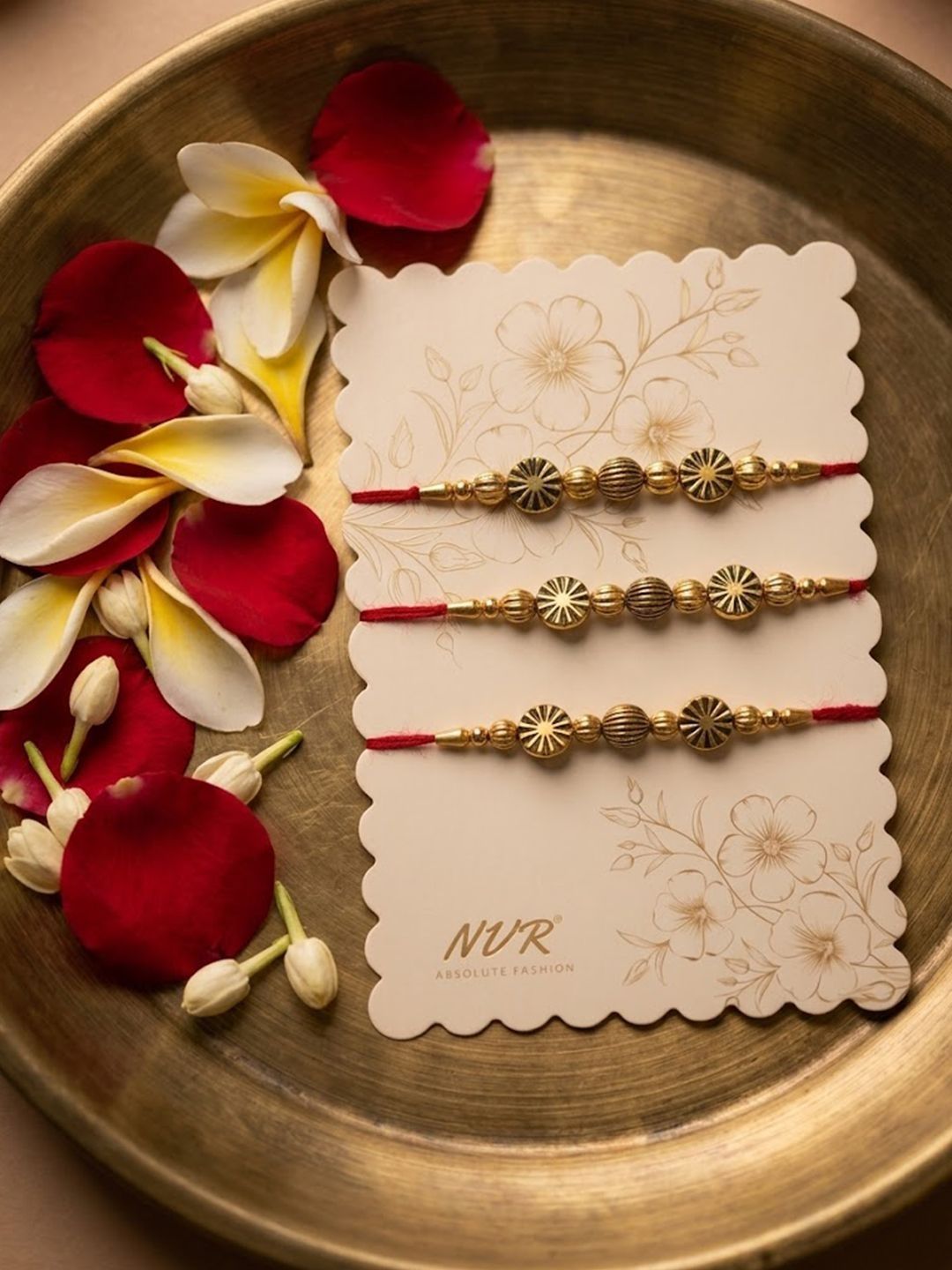 Anouk Set Of 3 Red & Gold Toned Artificial Stones & Beads Thread Rakhi With Roli Chawal