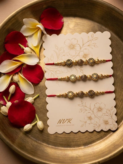 Anouk Set Of 3 Red & Gold Toned Artificial Stones & Beads Thread Rakhi With Roli Chawal