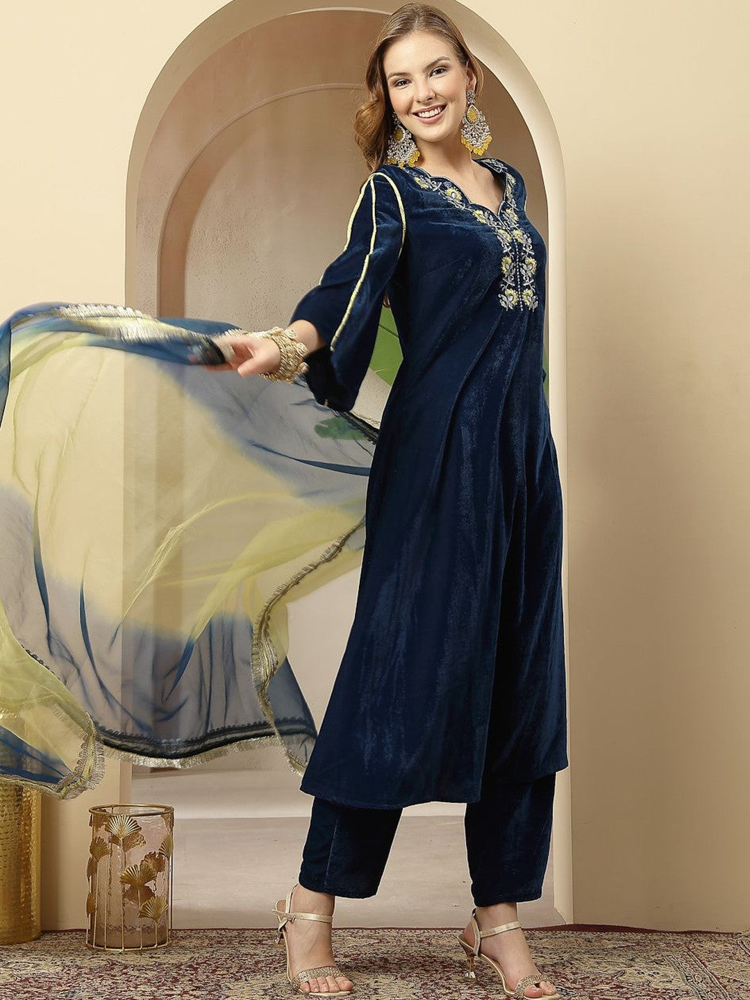 Embroidered A-Line Kurta With Trousers & Dupatta