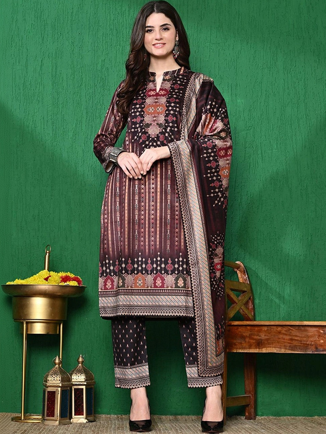 Dhiyona SN Brown Ethnic Motifs Winter Velvet Straight Kurta & Trouser With Dupatta